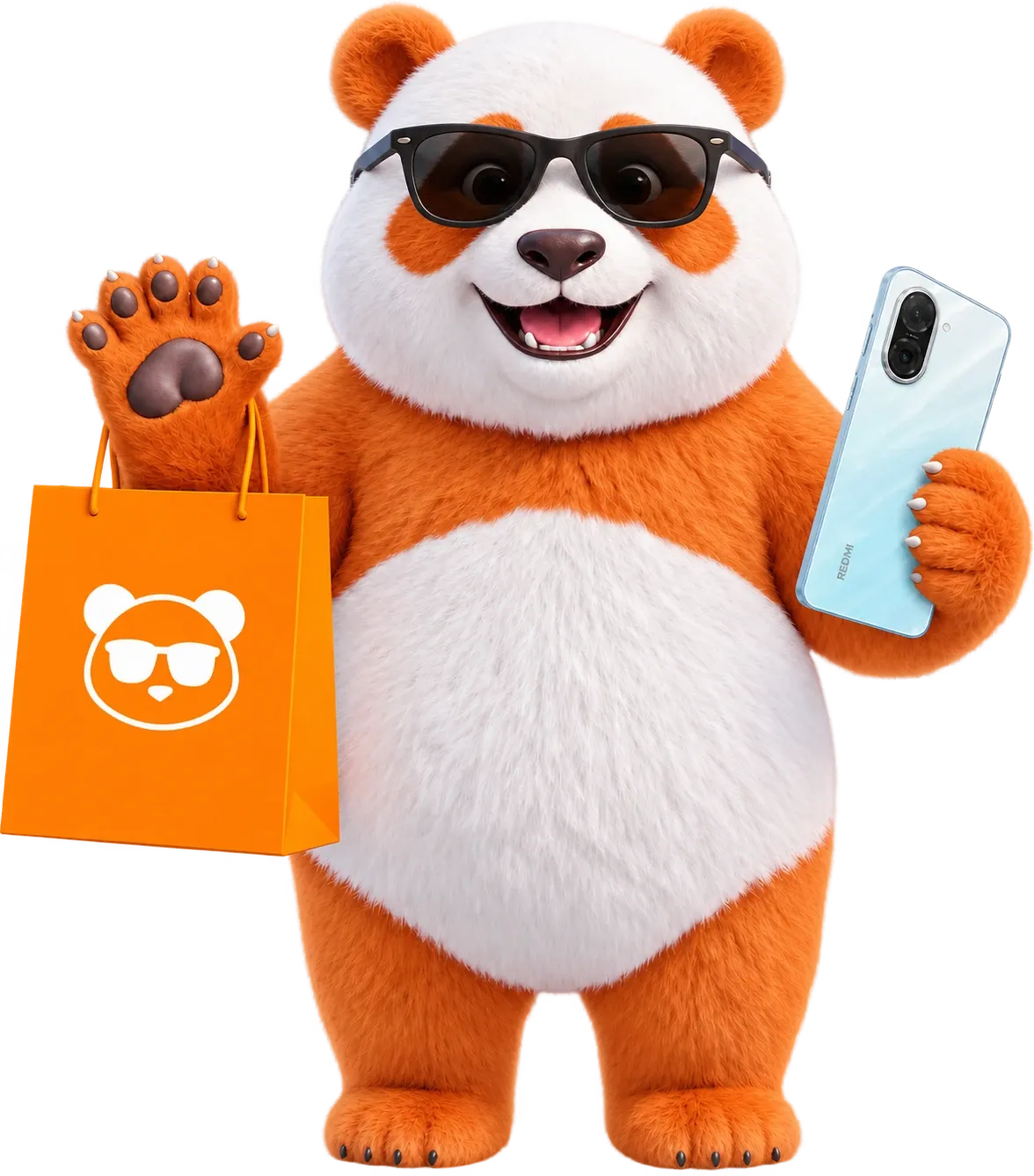 Mascote da Panda Place acenando, com um smartphone em uma mão e uma sacola laranja com o símbolo da marca na outra