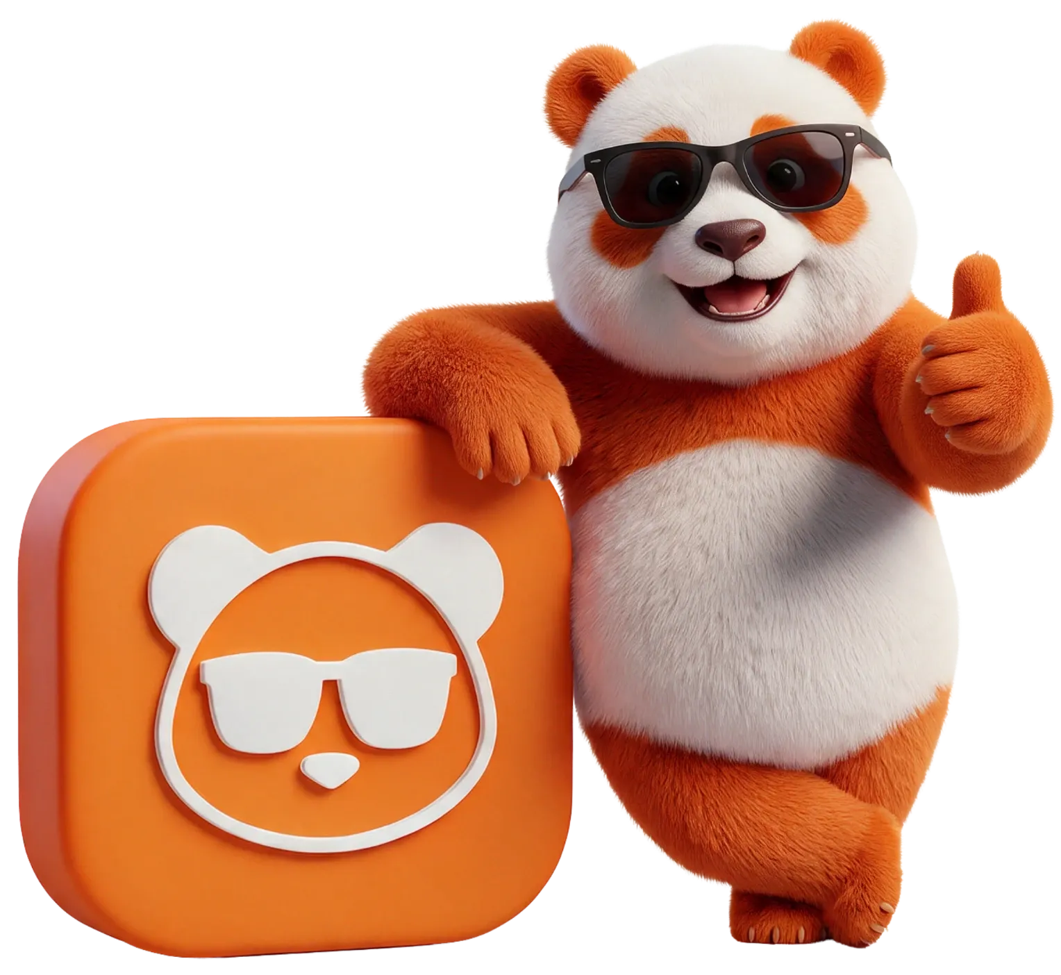 Mascote da Panda Place apoiado no cubo laranja com o símbolo da marca, fazendo sinal de positivo