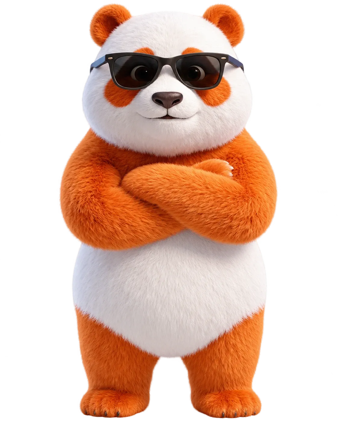 Mascote da Panda Place: um panda laranja e branco de óculos escuros, em pé, de braços cruzados